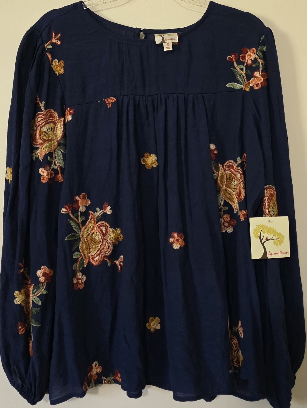 NWT Anthropologie Fig Flower Navy Embroidered Floral Babydoll Top Romantic Small
